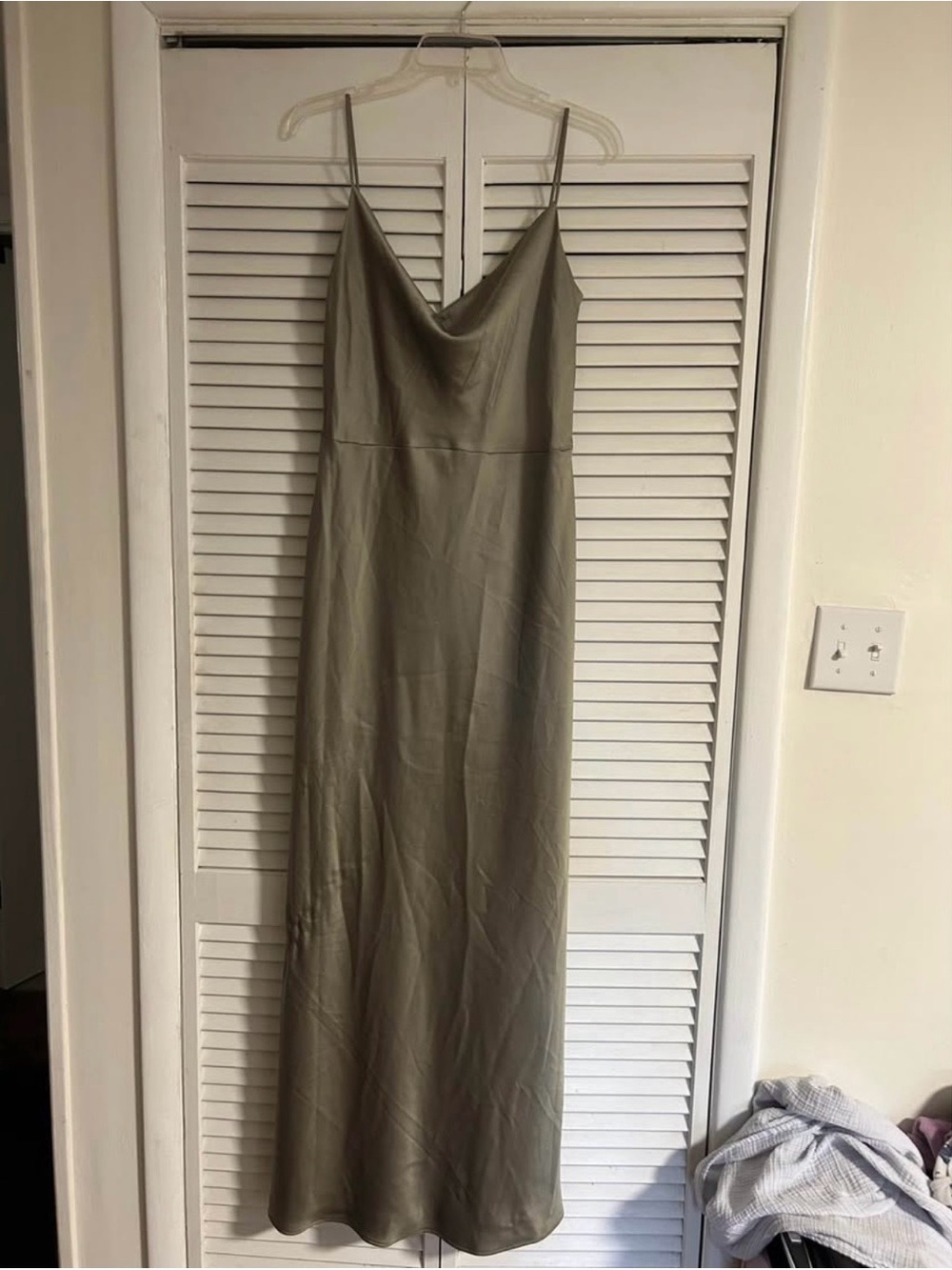 Jenny Yoo Olive Satin Slip Maxi Dress with Cowl Neck